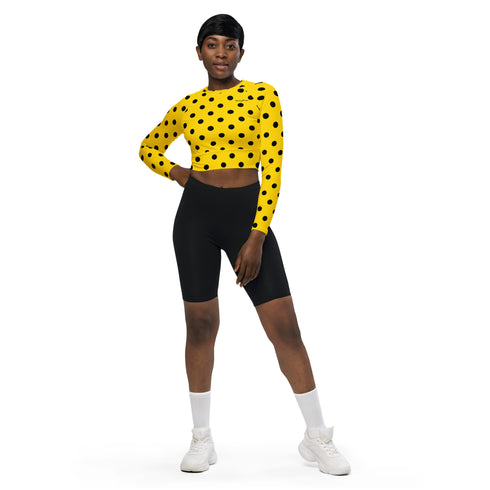 Yellow Polka Dot Recycled Long Sleeve Crop Swim Top Rash Guard UPF 50+