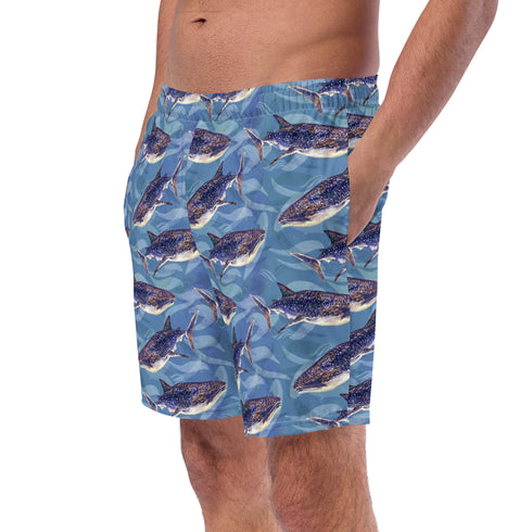 Blue Whale Shark Watercolor Recycled Swim Trunks UPF 50+