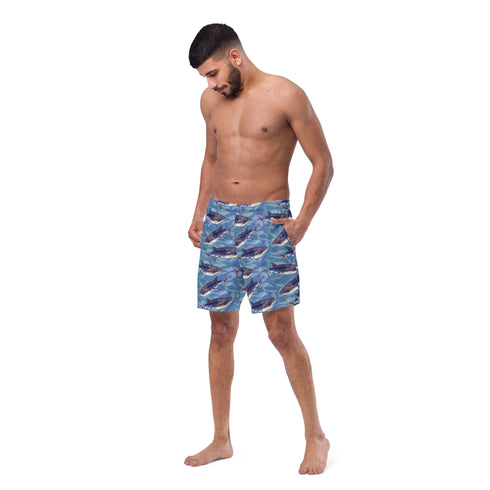 Blue Whale Shark Watercolor Recycled Swim Trunks UPF 50+