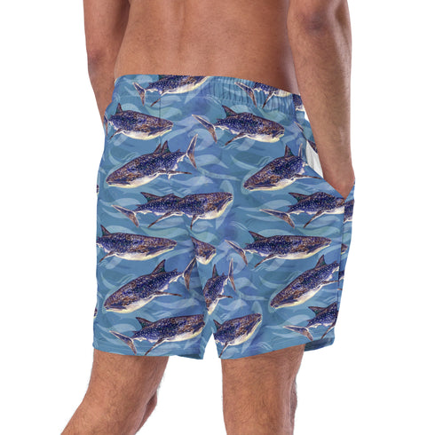 Blue Whale Shark Watercolor Recycled Swim Trunks UPF 50+