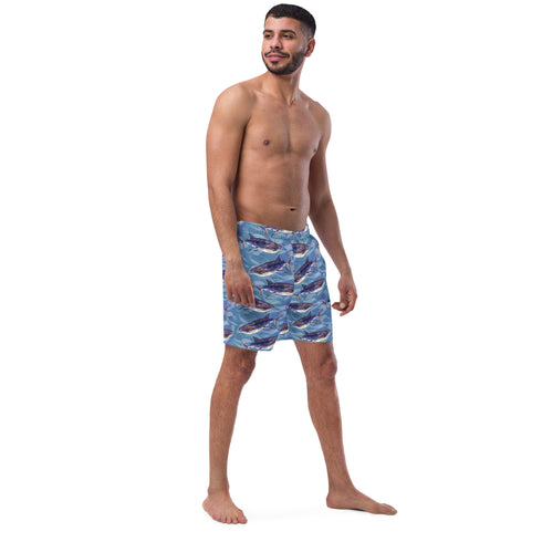 Blue Whale Shark Watercolor Recycled Swim Trunks UPF 50+